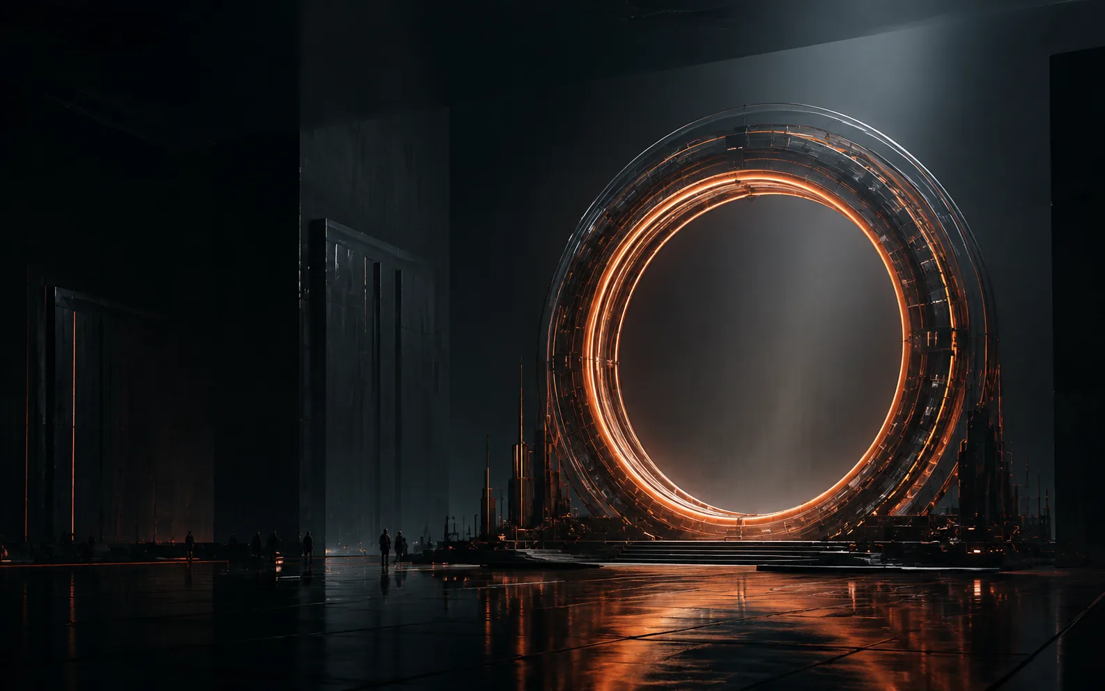Un portal circular incandescente, de arquitectura monumental, se alza sobre una explanada de grafito mientras varias personas caminan hacia el.